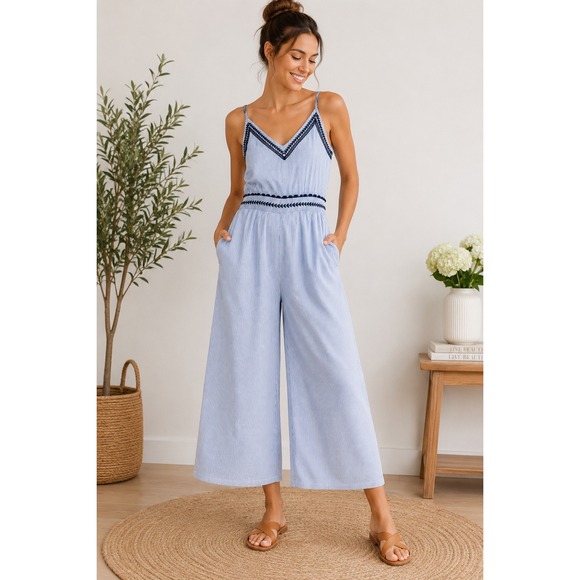 Japna Pants - Japna Womens Blue White Striped Embroidered Wide Leg Jumpsuit Medium NWT